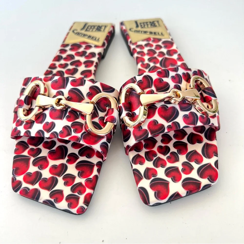 JEFFREY CAMPBELL Chantria Red Hearts Gold Buckle Flats Slides Sandals Sz 8 NWOB - Picture 3 of 11